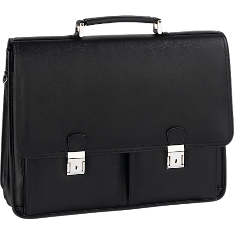Black briefcase, silver clasps, carrying handle.