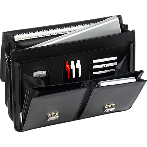 Black briefcase, open with laptop, notepad, pens and business cards.