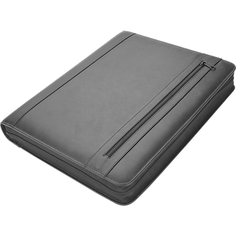 Dark gray leather portfolio with closed zipper. The product is pictured in detail.