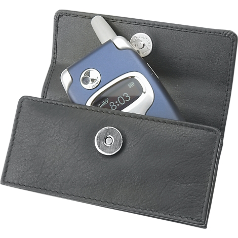 Black leather case with blue cell phone; time 8:03. Clamshell design, silver magnetic closure.