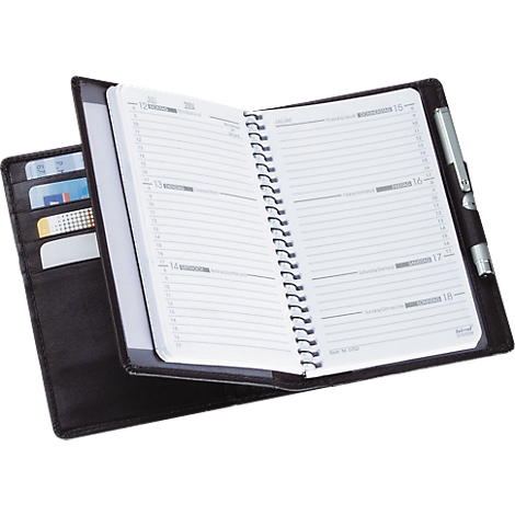 Opened black agenda with lined pages and pen holder. Card slots on the left.