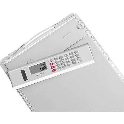 Gray writing pad with an integrated calculator. The display shows 268. The product is photographed at a slight angle.