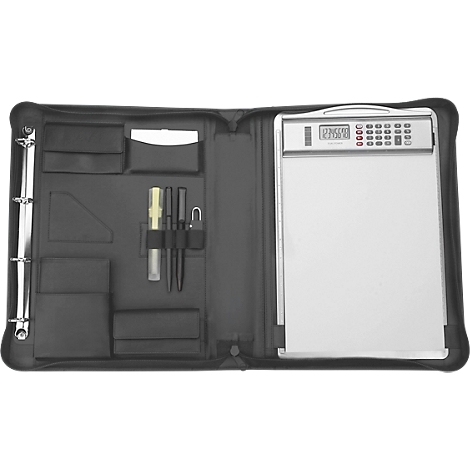 Opened black briefcase with accessories, including a calculator, pens, and a notepad.