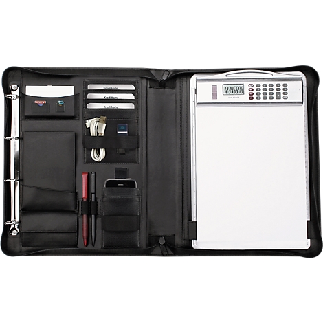 Black document folder with compartments for pens, cards, tablet, and notepad with integrated calculator.