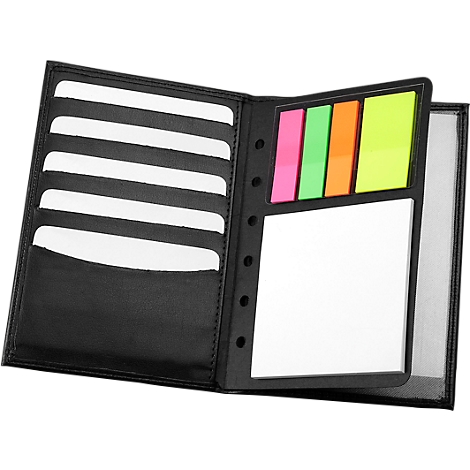 Open black notebook, card slots on the left, neon sticky notes on the right, white note field, transparent cover.