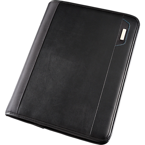 Black leather file folder with zipper. Gray fabric on the edge, a white seam and a metal detail.