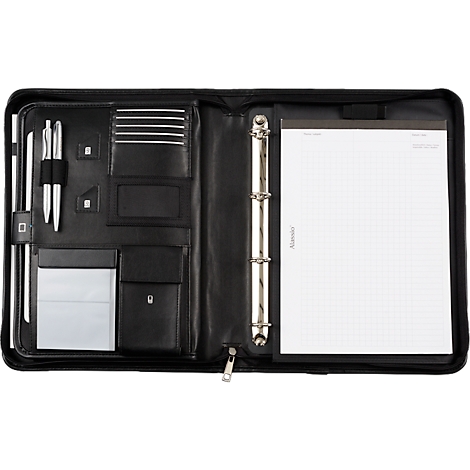 Open black briefcase with pens, notepad and various compartments. Zipper at the bottom.