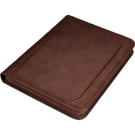 Brown leather folder with zipper; shows surface details and an inner flap.