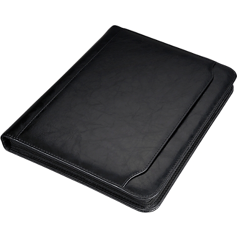Black leather document case, photographed at a slight angle. A flap stands out subtly from the main part.