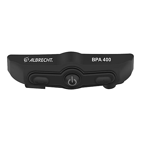 Schwarzes Bluetooth-Adapter-Gehäuse BPA 400 von Albrecht mit zentraler Ein-Aus-Taste und seitlichen Bedienelementen.