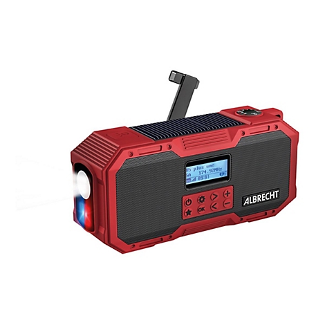 Rotes Outdoor-Notfallradio von Albrecht mit Solarpanel, Kurbel, Taschenlampe und Digitaldisplay.