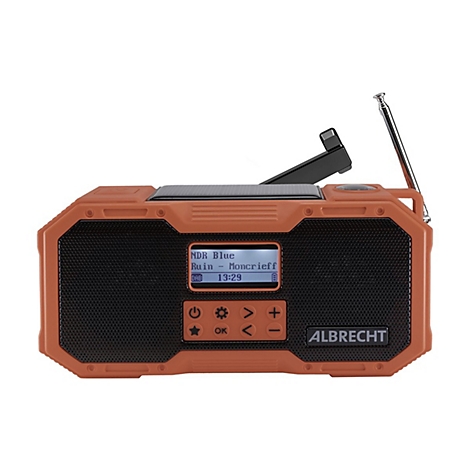 Kompaktes, orangefarbenes Albrecht Outdoor-Radio mit Solarpanel, Kurbel und ausziehbarer Antenne.