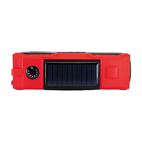 Rotes Outdoor-Gerät mit Solarpanel, integriertem Thermometer und Leuchten-Symbol vor weißem Hintergrund.