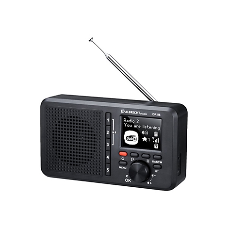 Schwarzes Digitalradio Albrecht DR 86 mit Antenne, Display und Tasten vor weißem Hintergrund.