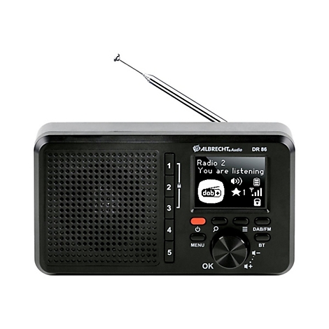 Schwarzes Digitalradio Albrecht DR 86 mit Teleskopantenne und Display vor weißem Hintergrund.