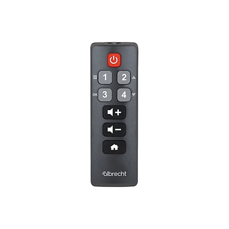 Graue Albrecht Fernbedienung mit An/Aus-Taste, Tasten 1-4, Lautstärkeregelung und Home-Button auf weißem Hintergrund.