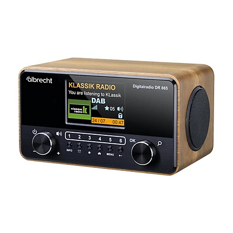 Albrecht Digitalradio DR 865 mit Holzoptik-Gehäuse, Display zeigt Klassik Radio DAB-Empfang.
