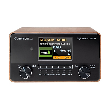 Albrecht Audio Digitalradio DR 865 in Holzoptik mit Farbdisplay und Tasten für Senderspeicher und Menüfunktionen.