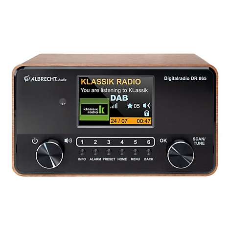 Digitalradio Albrecht DR 865 mit Holzgehäuse, schwarzer Front und beleuchtetem Display.