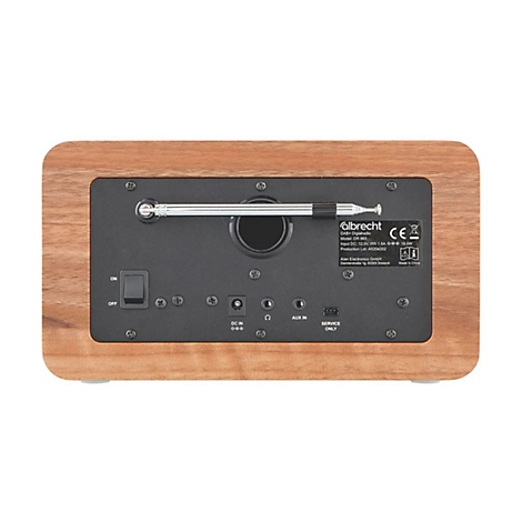 Rückseite eines Albrecht Digitalradios mit Holzgehäuse, Antenne und diversen Anschlüssen.