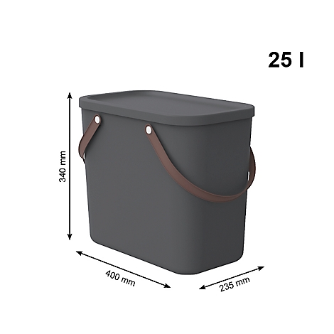 Grey trash can with lid and handle, dimensions: 400x235x340mm, 25L.