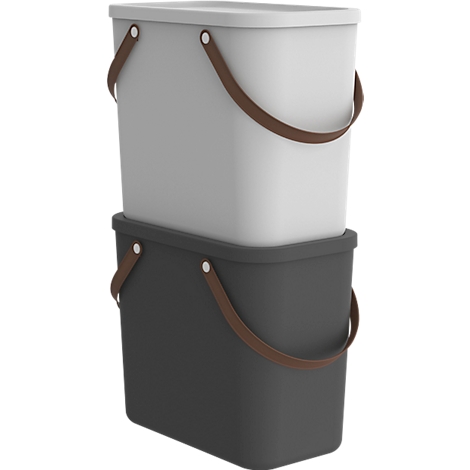 Two stackable buckets in gray and white, with brown leather handles.
