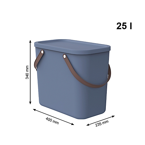 Blue trash can example with lid and brown handles, dimensions and capacity are indicated.