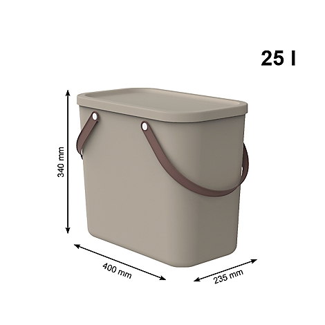 Beige trash can with lid and handles. Dimensions: 400 mm x 235 mm x 340 mm, 25 l.