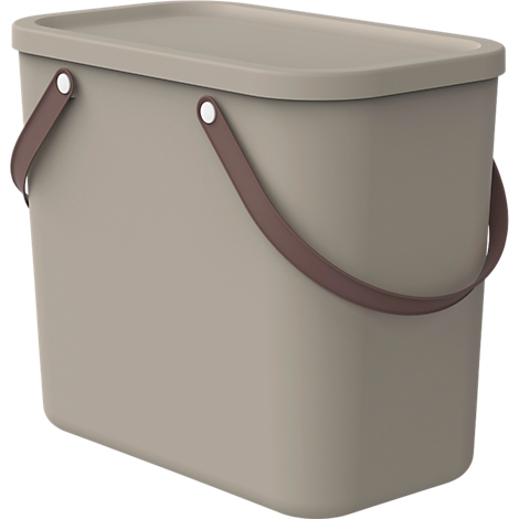 Beige trash can with lid and brown handle. The handle is attached to the bucket with rivets.