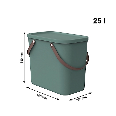 Green bucket with lid, brown handles, dimensions. Capacity: 25 liters.