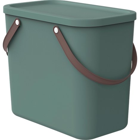 Green trash can with brown handle and lid. The bucket is rectangular with rounded edges.