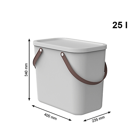 Light gray bucket with lid and brown handle. Dimensions and capacity are specified.