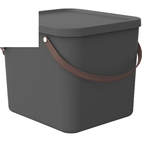 Dark gray square waste bin with lid and brown leather handle.