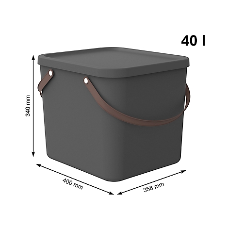 Dark grey trash can with lid, brown handles and size indication.