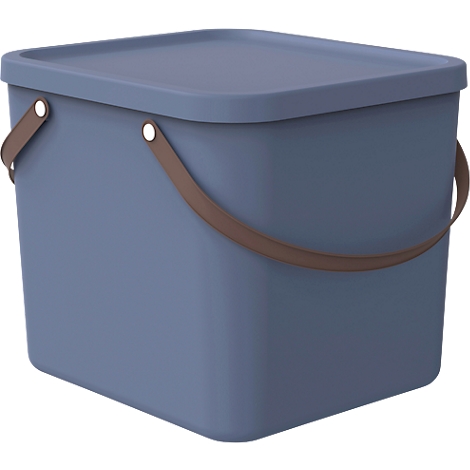 Blue square container with lid and brown handle. The handle is attached to the container with white rivets.