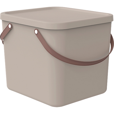 Beige trash can with lid and brown handle. Square shape.