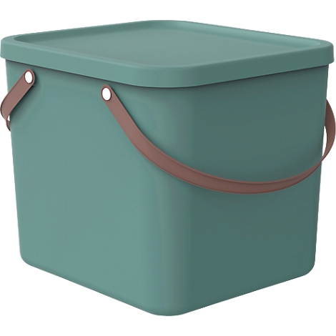 Turquoise, square storage box with lid and brown handle.