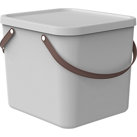 Gray square bucket with lid and brown leather handles.