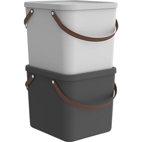 Two square buckets, one grey, one black. Both have leather handles and a lid.