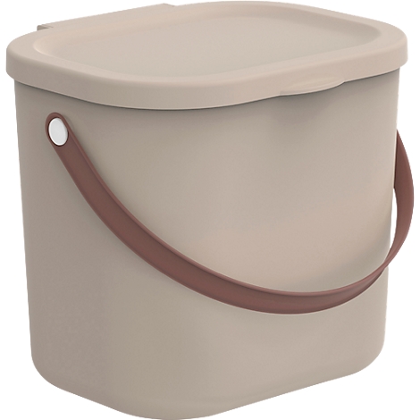 Beige kitchen bucket with lid and brown handle. The bucket stands against a neutral background.