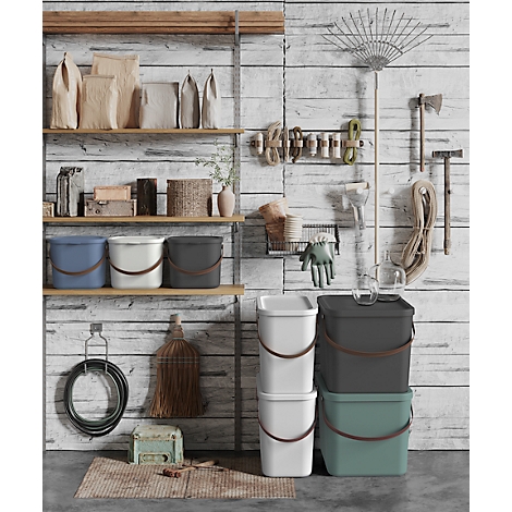 Various household items against a wooden wall. Buckets, brooms, garden tools.