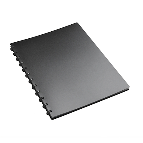 Cahier noir avec reliure à spirale, montré légèrement en diagonale d'en haut. Les pages sont fermées.