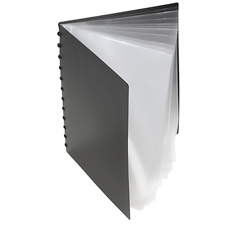 Dossier de présentation noir avec pochettes transparentes, sur fond blanc.