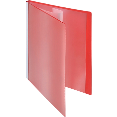 Dossier de présentation rouge ouvert. Un bord blanc est visible à gauche, une feuille de papier roulée au milieu.
