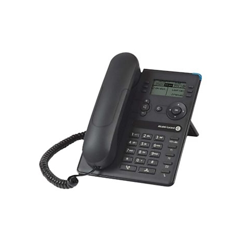 Schwarzes Alcatel-Lucent IP-Telefon mit Hörer, Display und Tastatur auf weißem Hintergrund.