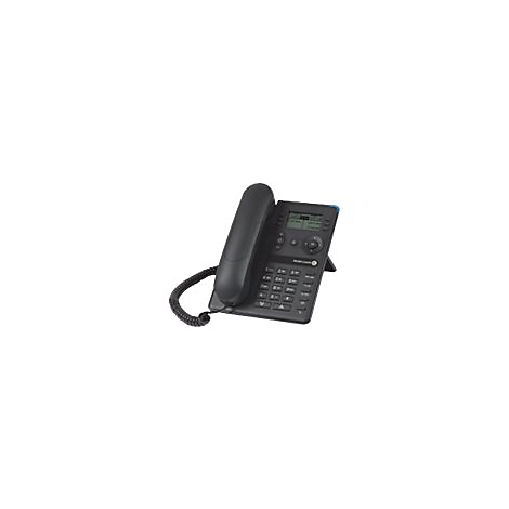 Schwarzes Bürotelefon mit Hörer, Display und Tastatur auf weißem Hintergrund.