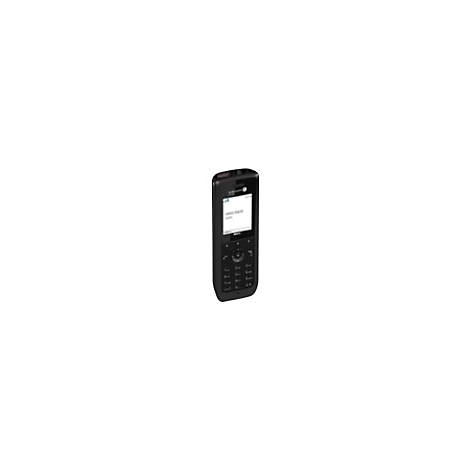 Schwarzes schnurloses Telefon vor weißem Hintergrund.