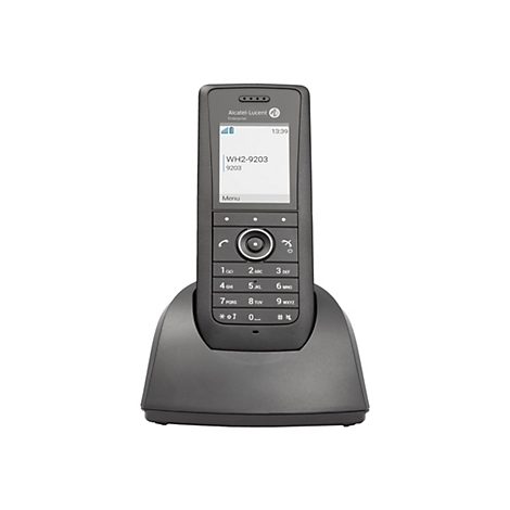 Schwarzes Alcatel-Lucent DECT-Telefon in der Ladestation mit beleuchtetem Display und Ziffernblock.