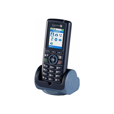 Dunkelblaues Alcatel-Lucent DECT-Telefon in passender Ladestation auf weißem Hintergrund.
