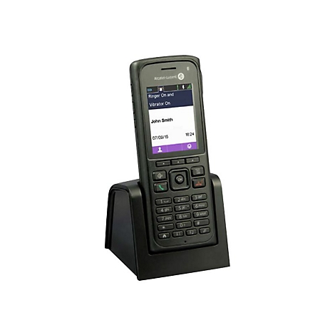 Schwarzes Alcatel-Lucent DECT-Telefon in der Ladestation mit beleuchtetem Display.